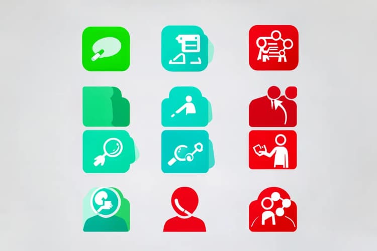 Conjunto de ícones representando habilidades como comunicação, liderança e trabalho em equipe