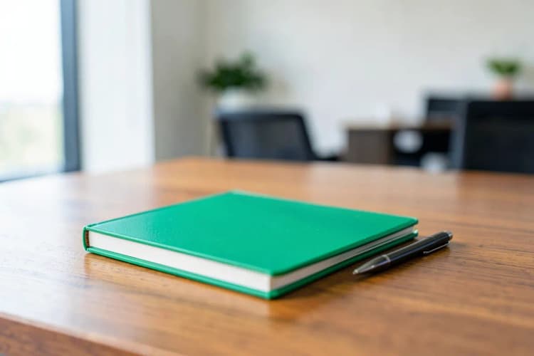 Um bloco de notas fechado com uma caneta ao lado sobre uma mesa de madeira