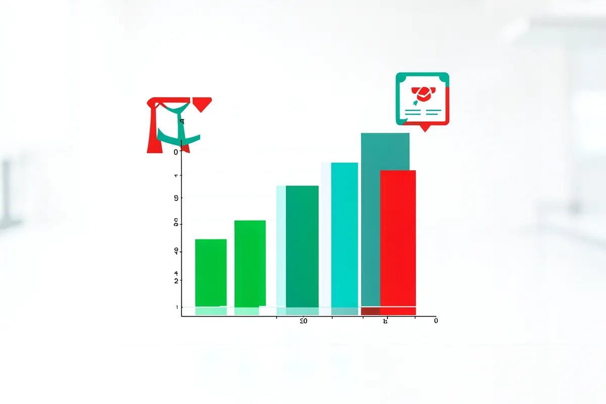 Gráfico de barras ascendente com ícones de certificado e diploma sobre fundo branco.