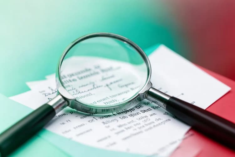 Lupa examinando um currículo com destaque em um item.