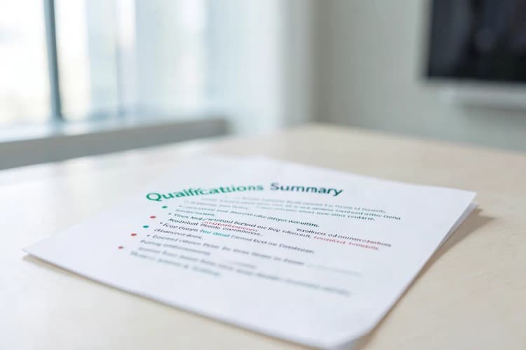 Documento com um título 'Resumo de Qualificações' e marcadores.