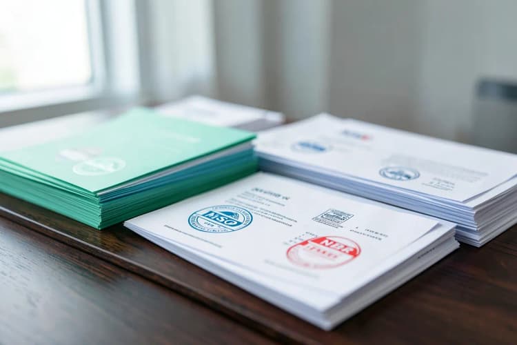 Documentos com selos de certificação NBR ISO empilhados em uma mesa de madeira escura com luz lateral simulando um ambiente de escritório