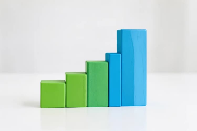 Gráfico de barras ascendente feito de blocos de madeira em tons de verde e azul sobre uma superfície branca, simulando crescimento e sucesso financeiro
