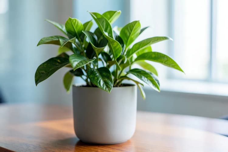 Uma planta verde crescendo em um vaso sobre uma mesa de madeira, com luz suave vindo de uma janela ao fundo, simbolizando desenvolvimento e crescimento organizacional