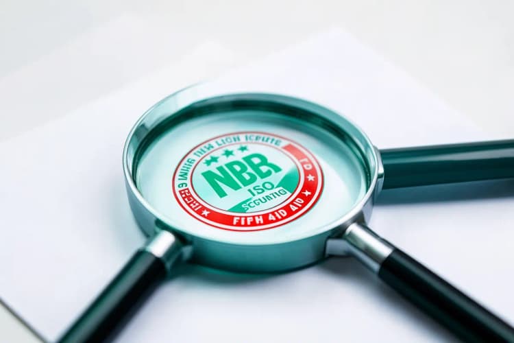 Uma lupa examinando um selo de certificação NBR ISO em um documento, simbolizando análise e atenção aos detalhes
