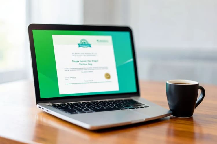Um laptop aberto exibindo um certificado digital na tela, sobre uma mesa de madeira com uma xícara de café ao lado, simulando aprendizado online