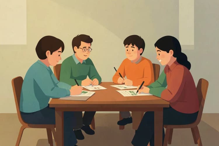 Família planejando orçamento em uma mesa.