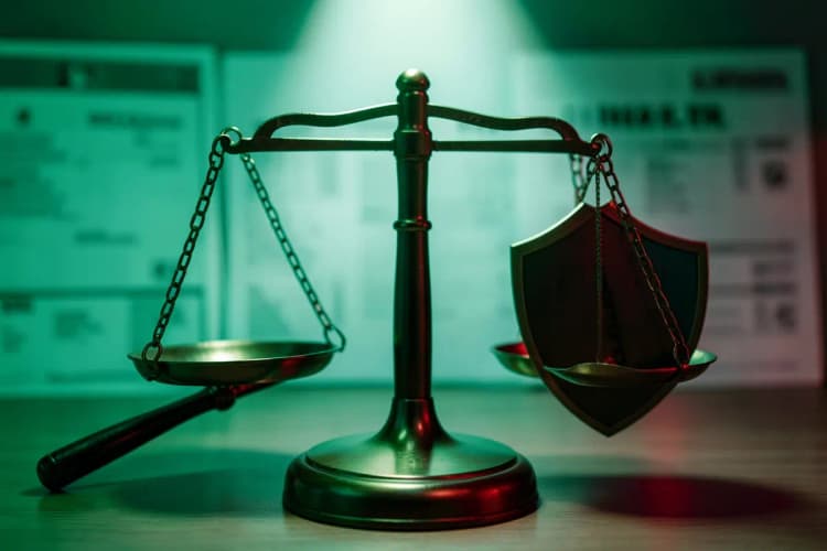 Uma balança equilibrada com um martelo de juiz de um lado e um escudo do outro, simbolizando justiça e proteção em compliance.