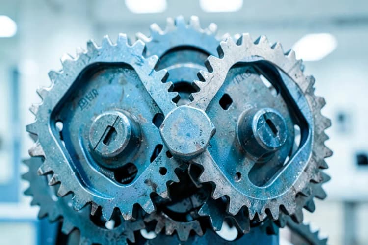 Uma série de engrenagens interconectadas em tons de cinza e azul, representando o funcionamento complexo dos processos de gestão de risco e compliance.