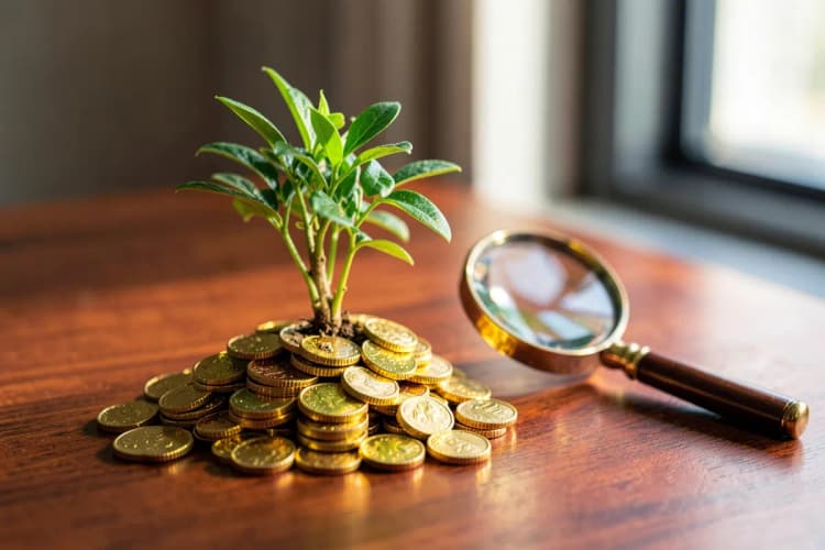 Uma planta crescendo de um monte de moedas de ouro, com uma lupa ao lado, simbolizando o crescimento de carreira impulsionado pela gestão de risco e compliance.