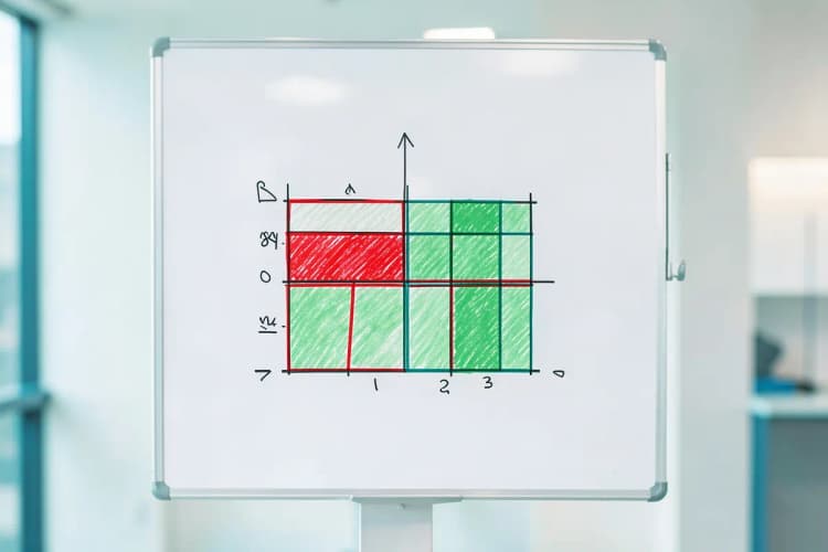 Gráfico de risco com setas indicando perigos e oportunidades, em um quadro branco.