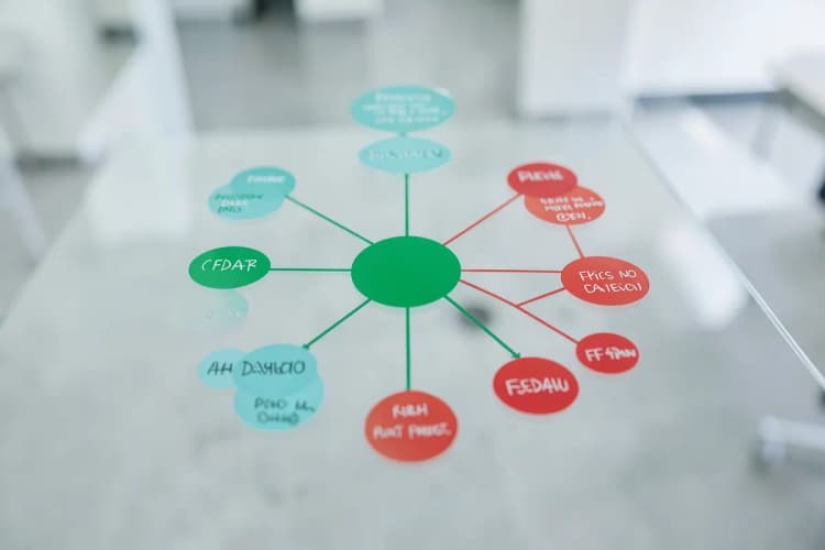 Mapa mental com ramificações sobre tipos de riscos em projetos, como financeiros e operacionais.