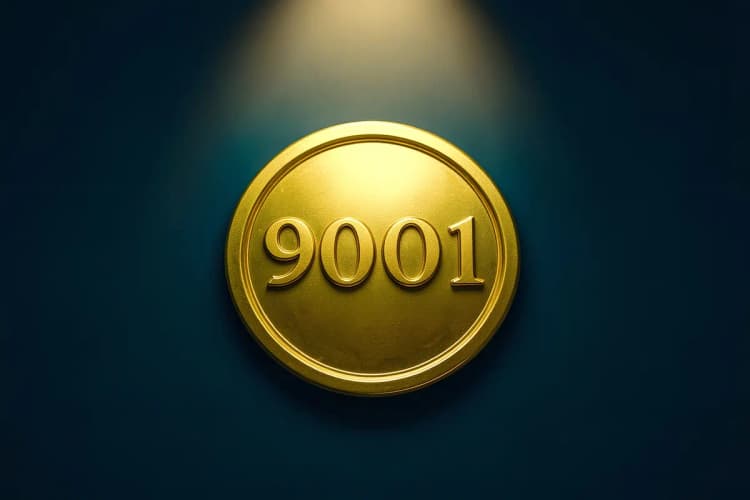 Um selo de certificação ISO 9001 dourado com o número 9001 em destaque, sobre um fundo azul escuro.