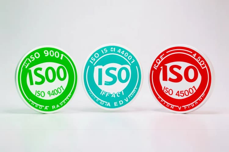 Um conjunto de diferentes selos de certificação ISO (9001, 14001, 45001) dispostos lado a lado.