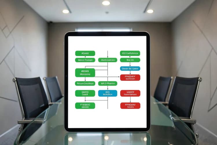 Um fluxograma detalhado mostrando as etapas do processo de certificação ISO, com setas conectando caixas de texto.