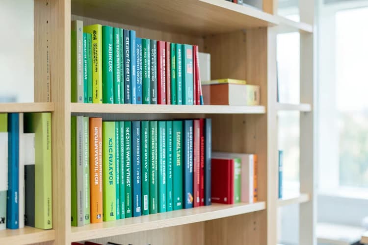Uma estante de livros com títulos sobre gestão de qualidade, normas ISO e desenvolvimento profissional.