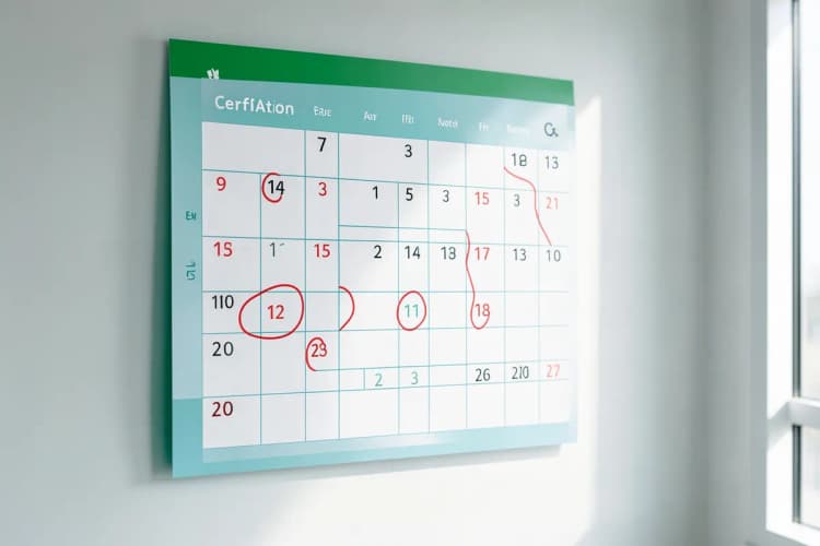 Um calendário com um círculo em volta de várias semanas, indicando a passagem do tempo para a certificação.