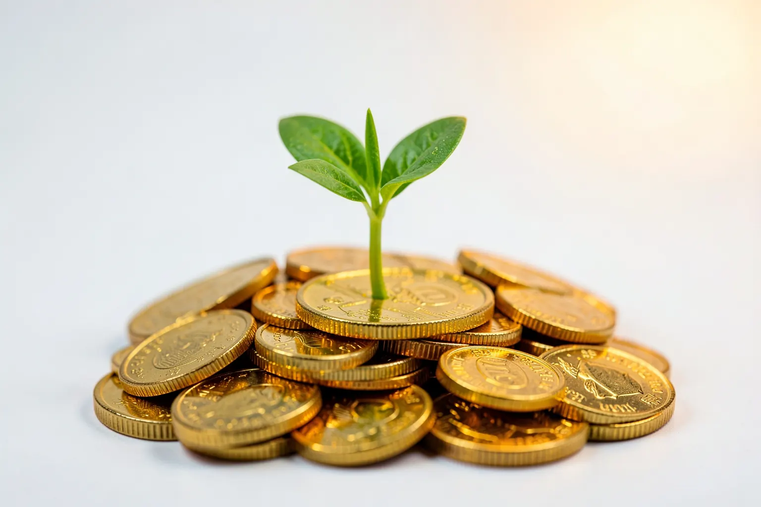 Uma planta crescendo em uma pilha de moedas de ouro, simbolizando o crescimento financeiro e o sucesso nos negócios.