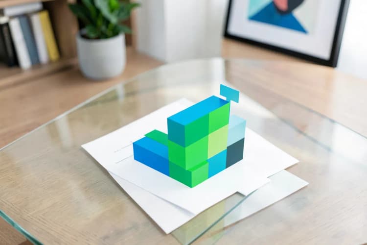 Gráfico de barras mostrando aumento de vendas em tons de azul e verde sobre uma mesa de escritório.