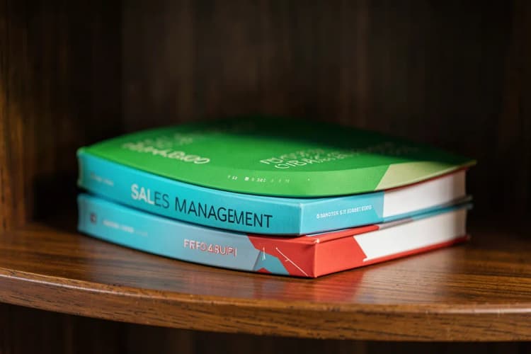 Três livros diferentes sobre gestão de vendas empilhados em uma prateleira de madeira.