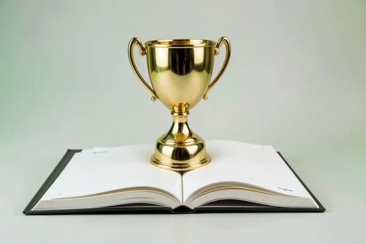 Um troféu dourado em cima de um livro aberto sobre gestão de vendas.