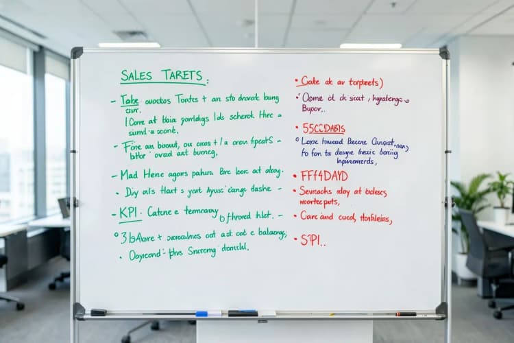 Um quadro branco com anotações sobre metas de vendas, estratégias e KPIs.