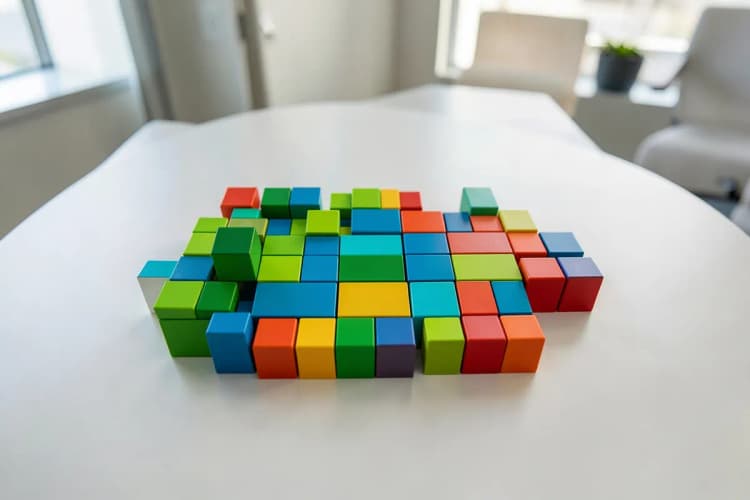 Uma pessoa organizando blocos de construção coloridos em uma mesa, representando a aplicação de conhecimento.