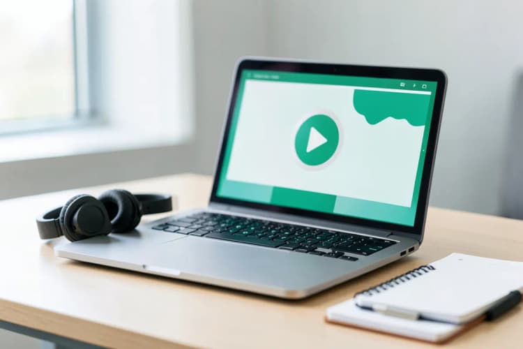 Um laptop exibindo um certificado de curso online com um ícone de play, em uma mesa com fones de ouvido e um caderno, com luz suave vindo da janela.