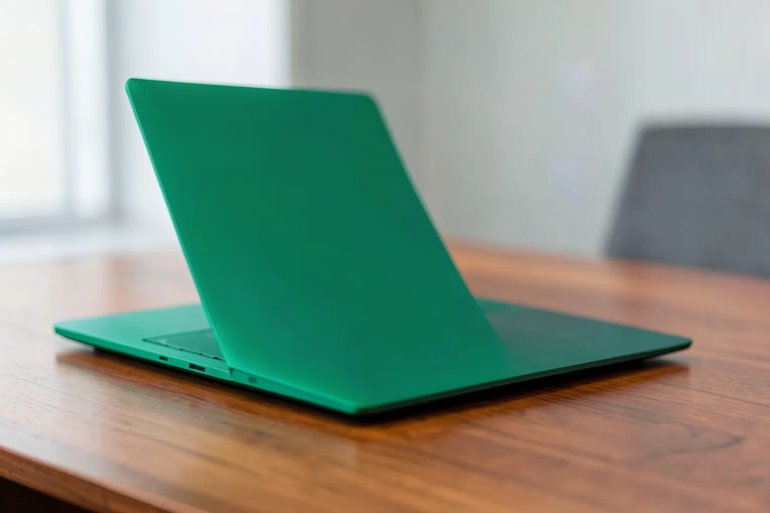 Cadeira de escritório vazia em frente a um laptop aberto em uma mesa de madeira, com uma xícara de café ao lado.