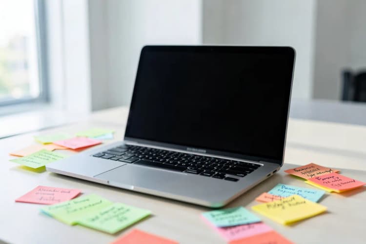 Uma pessoa sentada em uma mesa com um laptop aberto, cercada por post-its coloridos e anotações, representando o planejamento de uma transição de carreira.
