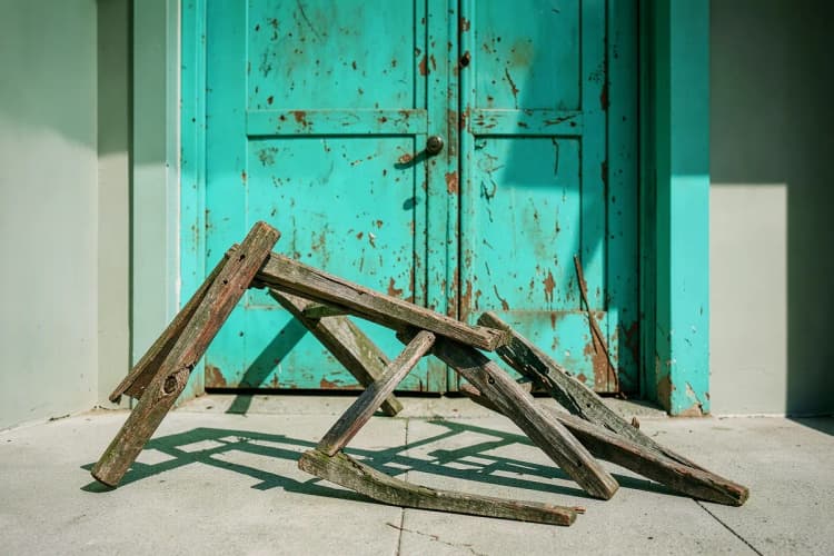 Uma escada quebrada em frente a uma porta fechada, simbolizando os obstáculos em uma transição de carreira.