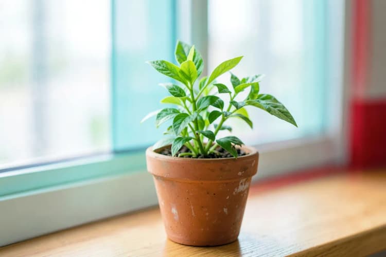 Uma planta crescendo em um vaso, com novas folhas verdes brotando, representando os próximos passos e o crescimento após a transição de carreira.