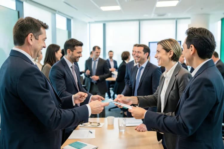 Um grupo de pessoas em um evento de networking, conversando e trocando cartões de visita, simbolizando a construção de uma rede de contatos.