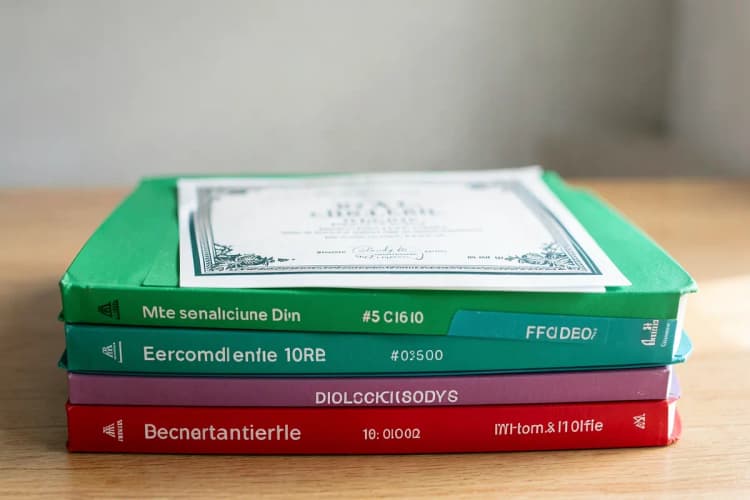 Pilha de livros didáticos com um diploma de certificado sobre eles