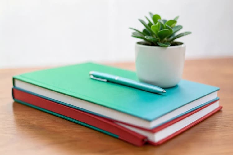 Um conjunto de livros e cadernos empilhados, com uma caneta e um pequeno vaso de plantas sobre eles, simulando material de estudo.