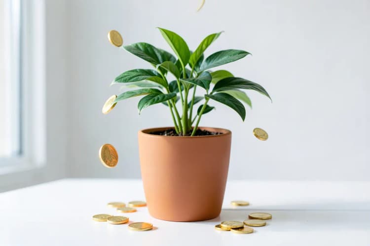 Uma planta crescendo em um vaso, com moedas de ouro caindo suavemente ao redor, representando crescimento e sucesso financeiro.