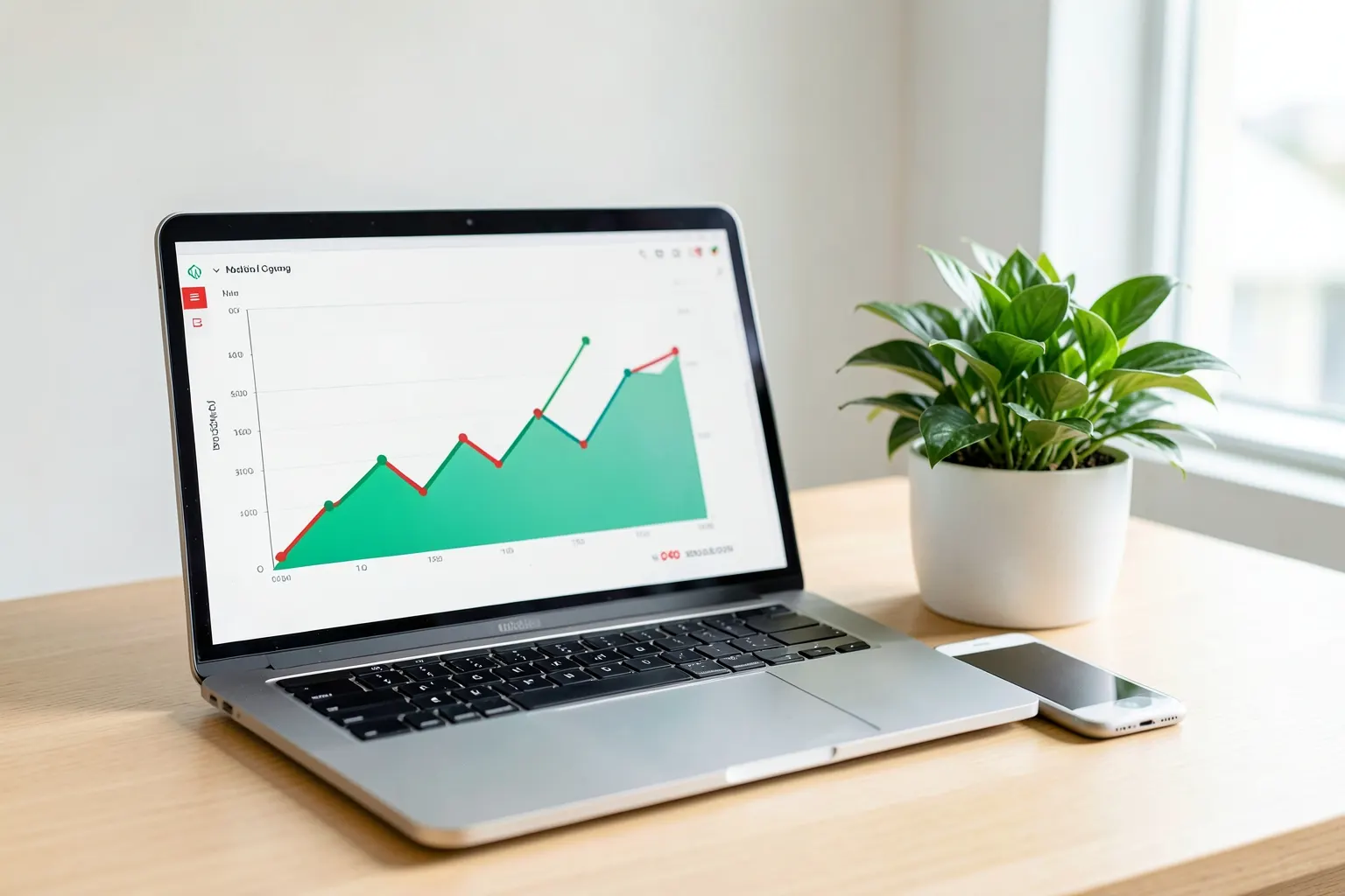 Um notebook aberto com um gráfico de crescimento em sua tela, ao lado de um celular e um pequeno vaso de plantas, sobre uma mesa de madeira clara.