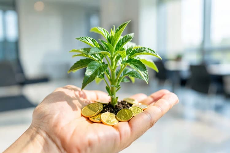Uma planta crescendo em uma mão aberta, com moedas de ouro caindo ao redor, simbolizando investimento e retorno.