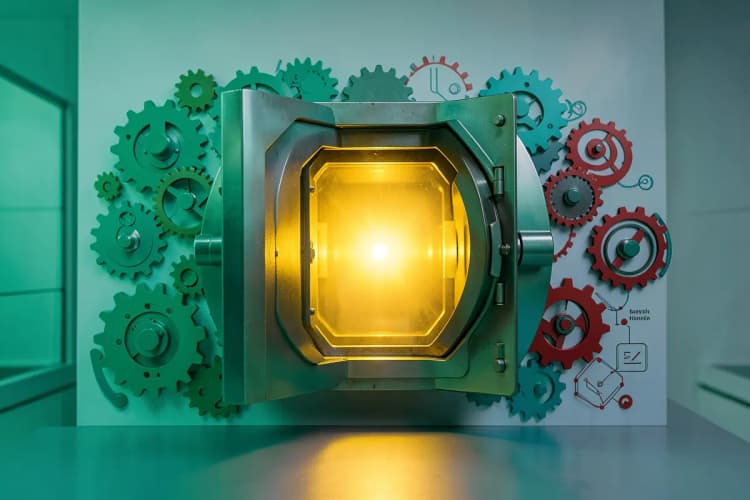 Um cofre aberto com luz dourada emanando de dentro, cercado por engrenagens e diagramas abstratos, representando segurança e eficiência.