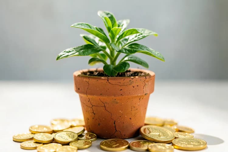 Uma planta crescendo em um vaso, com moedas de ouro caindo ao redor.