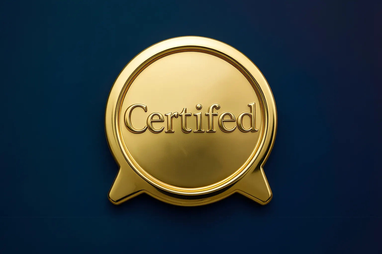 Selo dourado com a inscrição "Certificado" em relevo, sobre um fundo azul escuro.