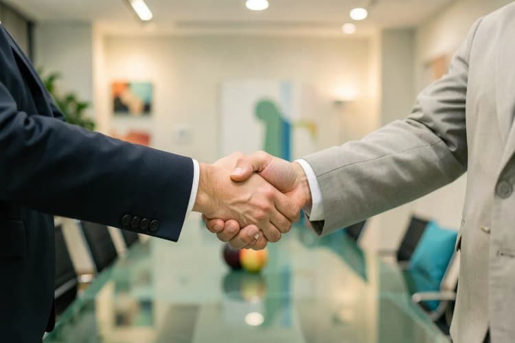 Uma pessoa recebendo um aperto de mão após uma entrevista de emprego bem-sucedida, simbolizando novas oportunidades.