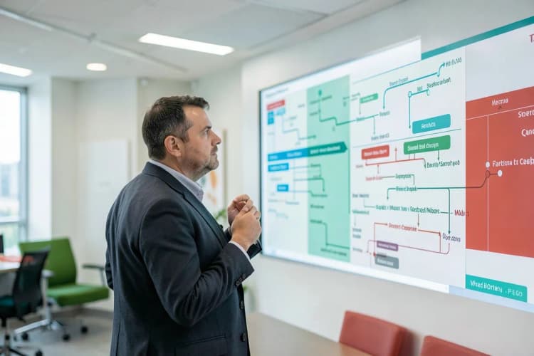 Uma pessoa olhando para um quadro com várias opções de carreira e caminhos de estudo, representando a tomada de decisão.