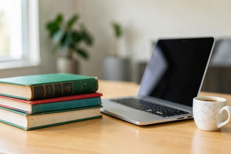 Uma pilha de livros e um laptop aberto em uma mesa, com uma xícara de café ao lado, indicando estudo e dedicação.
