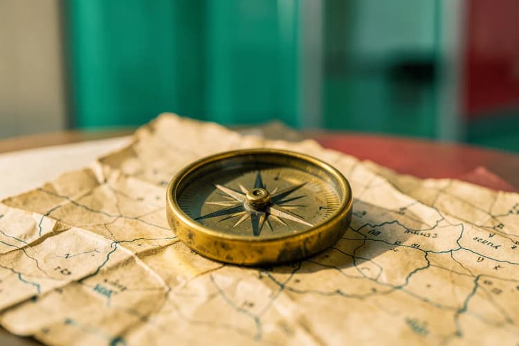 Uma bússola apontando para o norte em um mapa antigo e amassado.