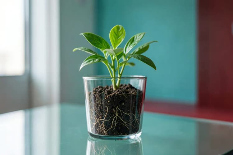 Uma planta crescendo em um vaso, com raízes visíveis através do vidro.
