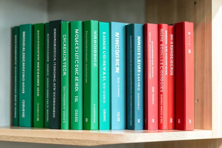 Uma seleção de livros sobre gestão e estratégia em uma prateleira de madeira.