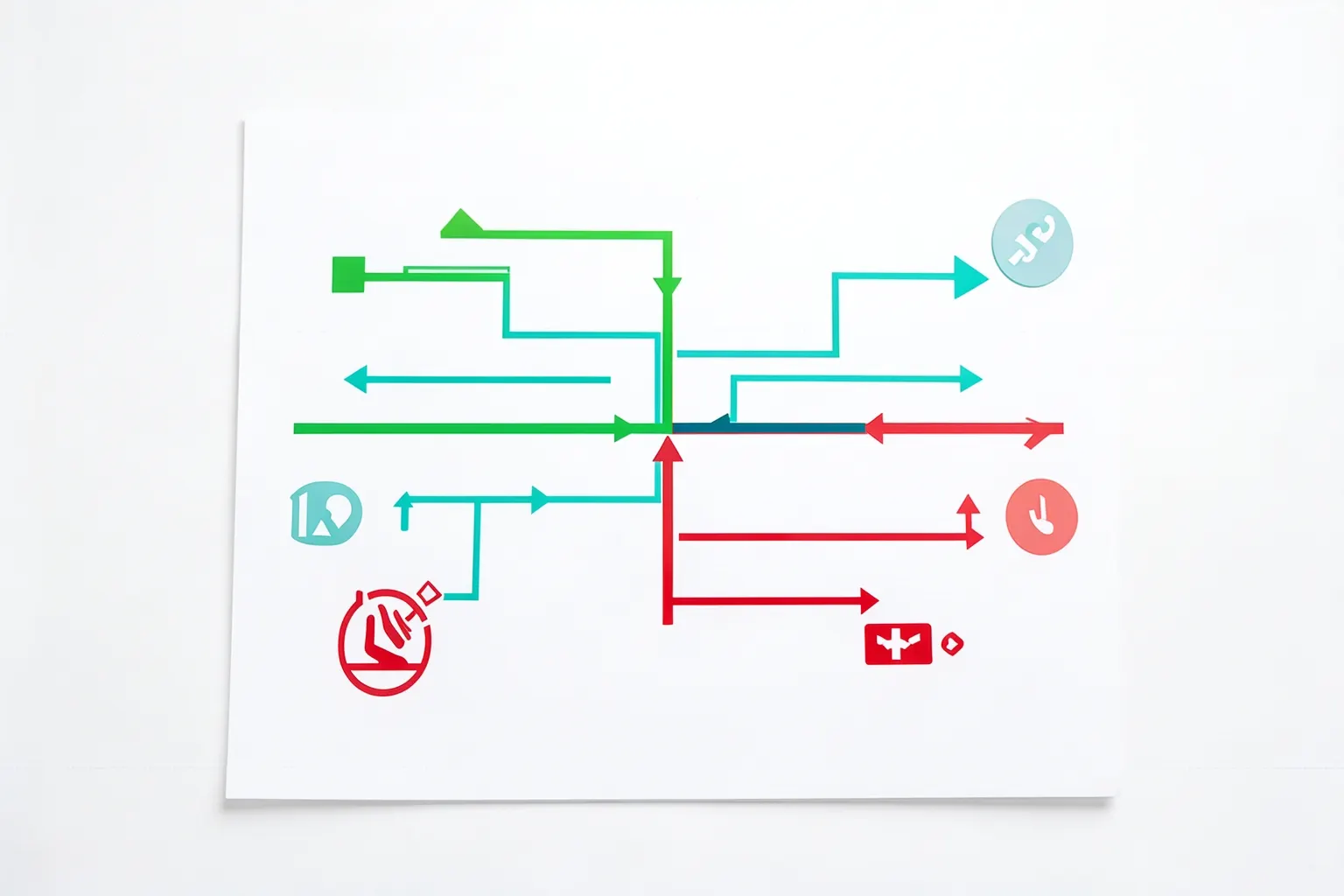 Um diagrama de fluxo com setas conectando caixas representando etapas de um processo de gestão de risco, com ícones de alerta e segurança.