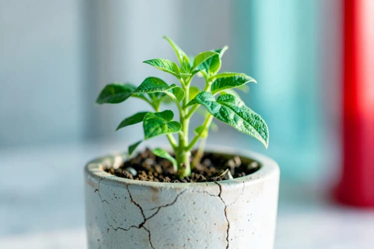 Uma planta crescendo em um vaso quebrado, em plano detalhado, com luz suave vinda da direita.