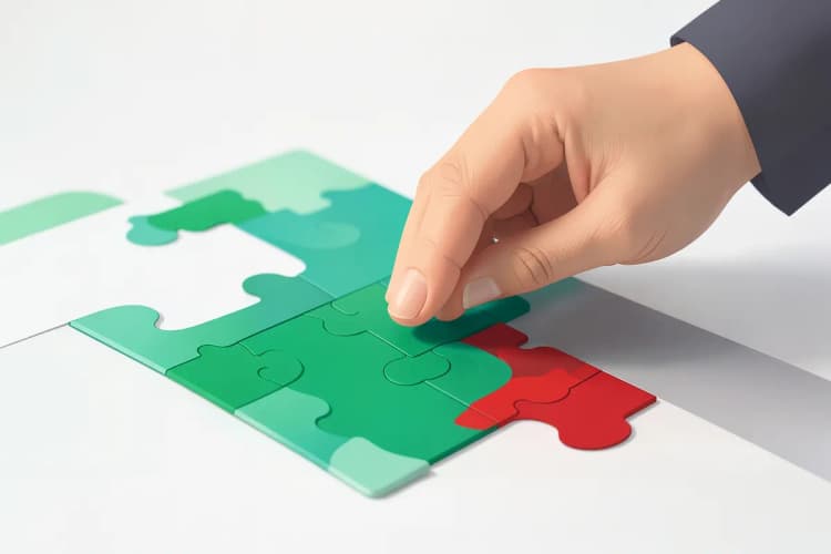 Mão colocando uma peça de quebra-cabeça em um tabuleiro quase completo.